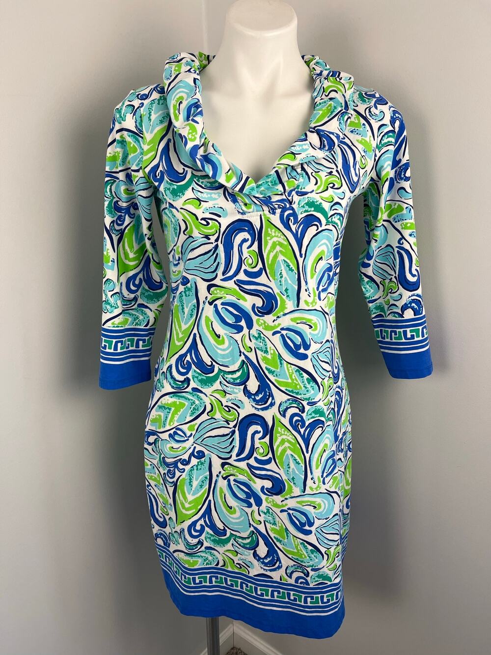 Barbara Erickson Blue Green Ruffle Collar Dress Vibrant Tropical Beachy Small
